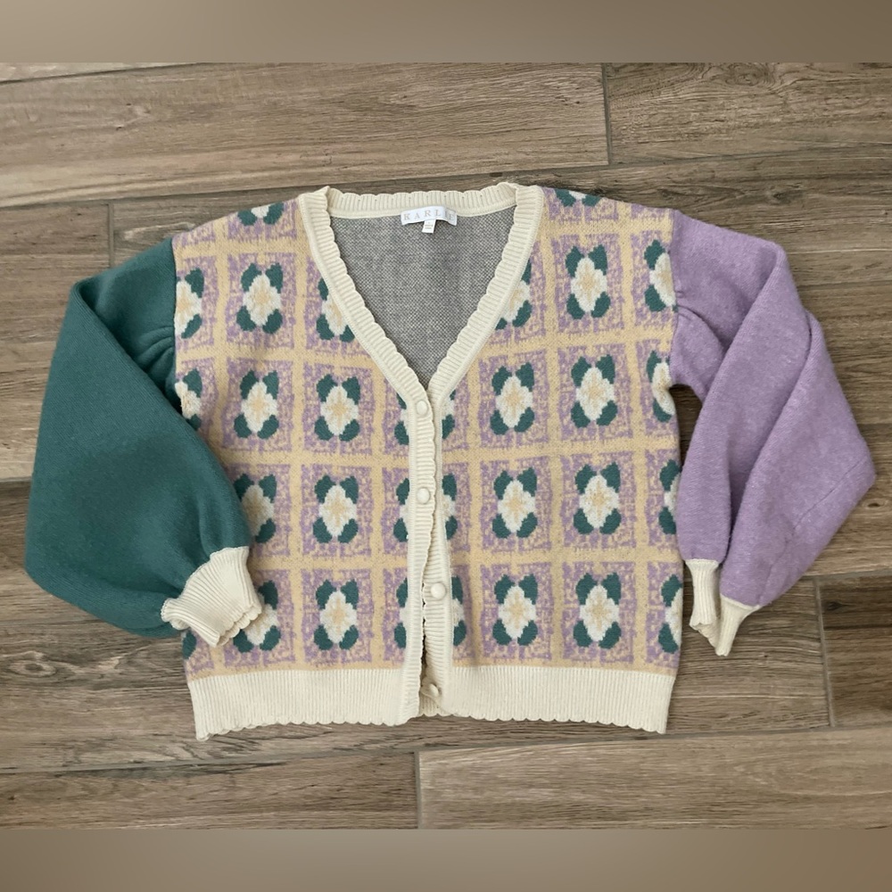 KARLIE Floral Patchwork V-Neck Cardigan Sweater in Cream, Green & Lavender